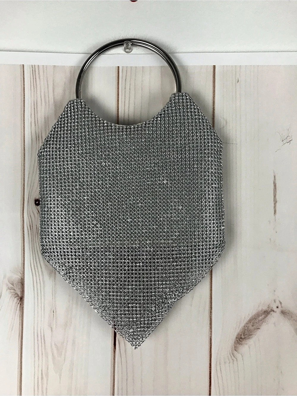Rhinestone Embellished Bucket Bag with Metal Ring Handle Silver